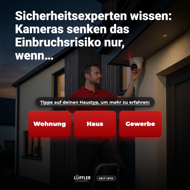 Löffler Security ad: security experts know cameras only lower burglary risk if… pick your building type